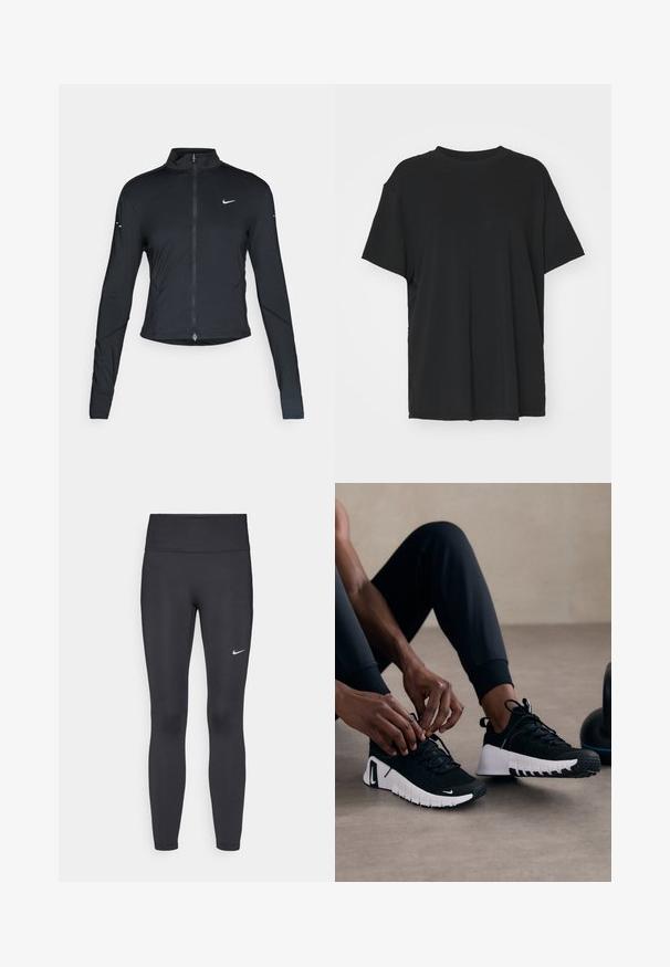 Jaqueta atlética preta de mangas longas com fecho na frente e logótipo do swoosh da Nike branco no peito esquerdo, projetada para um ajuste slim.; T-shirt preto de manga curta feito de tecido suave, com decote redondo e corte solto. Apresenta aberturas laterais para maior conforto e respirabilidade.; Leggings pretos feitos de tecido elástico, com uma cintura alta e um logo branco da Nike na coxa esquerda. Textura suave, design ajustado ao corpo.; Ténis desportivos pretos com um cabedal texturizado preto, sola branca e piso de borracha. Os atacadores estão atados, mostrando um design elegante e o logotipo.