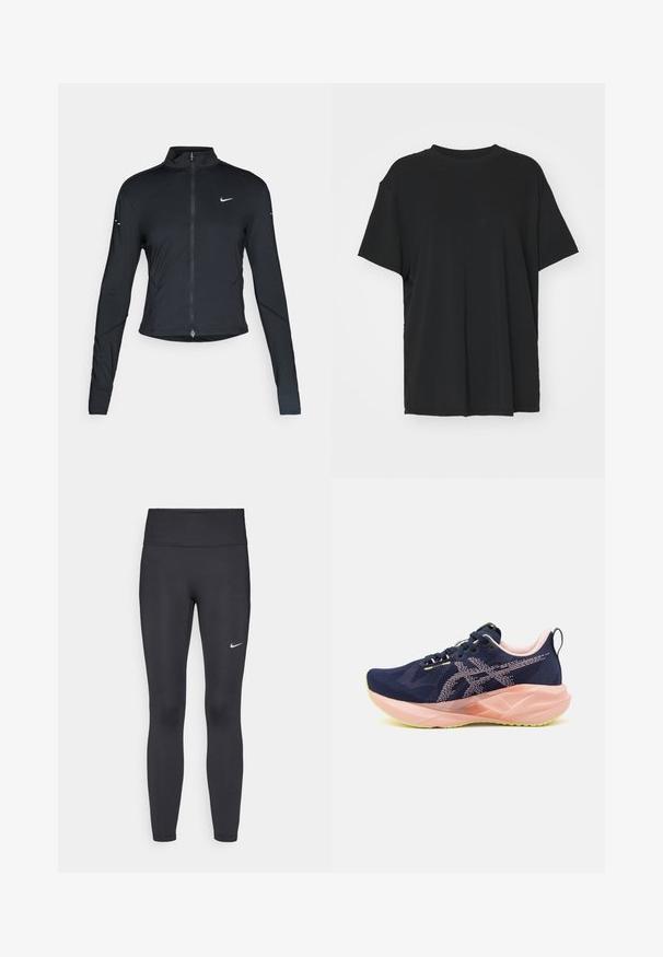 Zwarte lange mouwen sportjack met rits aan de voorkant en wit Nike swoosh-logo op de linkerborst, ontworpen voor een slank figuur.; Zwarte korte mouwen t-shirt van soepel stof, met een ronde hals en een losse pasvorm. Heeft zij-splitten voor extra comfort en ademend vermogen.; Zwarte legging van rekbare stof met een hoge tailleband en een wit Nike-logo op de linkerdij. Gladde textuur, aansluitend ontwerp.; Marineblauwe hardloopschoenen met een bovenwerk van mesh, roze accenten en een groene buitenzool. Heeft een onderscheidende vorm van de zool en een vetersluiting.