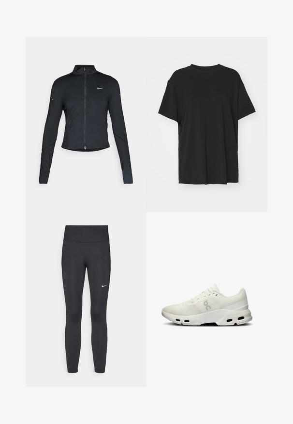 Musta pitkähihainen urheilu takki, jossa on edessä vetoketju ja valkoinen Nike-swoosh-logo vasemmassa rinnassa, suunniteltu slim fit -malliseksi.; Musta lyhythihainen t-paita, joka on valmistettu sileästä kankaasta. Paidan muotoilu on pyöreä kaula-aukko ja väljä istuvuus. Lisämukavuutta ja hengittävyyttä lisäävät sivuhalkiot.; Mustat leggingsit joustavasta kankaasta, joissa on korkea vyötärö ja valkoinen Nike-logo vasemmassa reidessä. Sileä pinta, muotoaan myötäilevä suunnittelu.; Valkoinen urheilukengä, jossa on verkkovuori, pehmustettu kaulus ja teksturoitu yksityiskohta; sisältää Cloudtec-pohjan, jossa on ilmanvaihtoaukkoja hengittävyyden parantamiseksi.