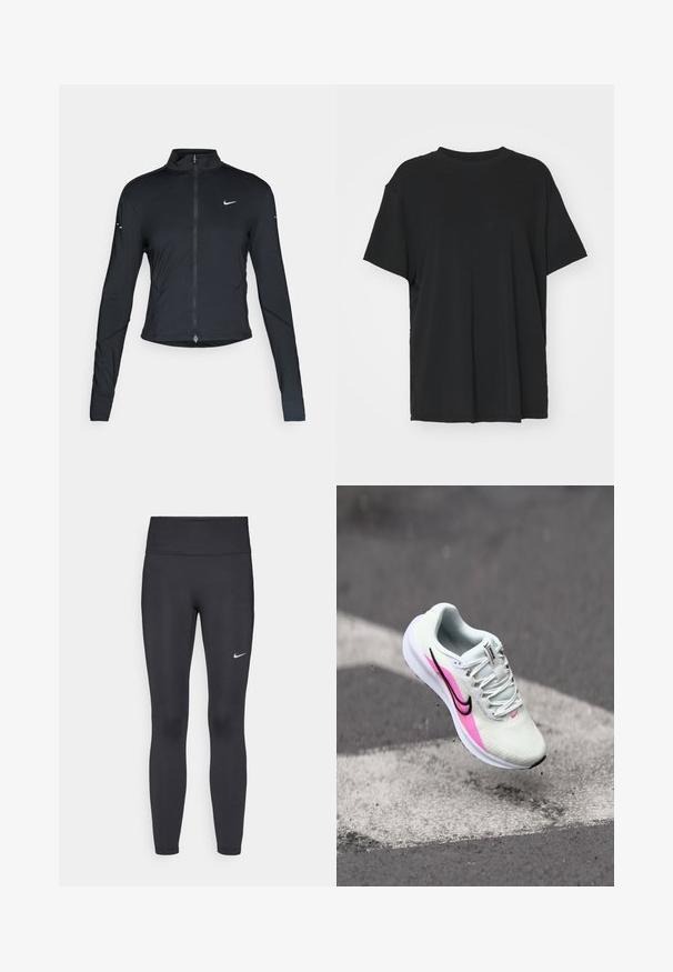 Jaqueta atlética preta de mangas longas com fecho na frente e logótipo do swoosh da Nike branco no peito esquerdo, projetada para um ajuste slim.; T-shirt preto de manga curta feito de tecido suave, com decote redondo e corte solto. Apresenta aberturas laterais para maior conforto e respirabilidade.; Leggings pretos feitos de tecido elástico, com uma cintura alta e um logo branco da Nike na coxa esquerda. Textura suave, design ajustado ao corpo.; Sapatilha de corrida leve em malha branca, com detalhes em rosa e preto, salto elevado e sola texturizada, posicionada no ar acima do pavimento.