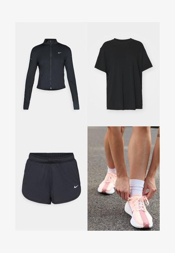 Chaqueta atlética negra de manga larga con cremallera frontal y logo de Nike en blanco en el pecho izquierdo, diseñada para un ajuste slim.; Camiseta negra de manga corta hecha de tejido suave, con cuello redondo y corte holgado. Presenta aberturas laterales para mayor comodidad y transpirabilidad.; Pantalones cortos deportivos negros con una cintura elástica, presentan un diseño deportivo y un logo blanco de Nike en la parte inferior del frente. Tejido texturizado.; Nike Performance PEGASUS PLUS - Zapatillas running asfalto - crimson tint/white/pure platinum/red stardust/vast grey