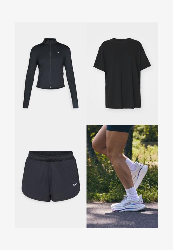 Črna dolgoprogaška jakna s dolgimi rokavi, z zadrgo spredaj in belim logotipom Nike na levem prsnem delu, zasnovana za ohlapno prileganje.; Črna kratka majica s kratkimi rokavi, izdelana iz gladkega materiala, s kroјnim ovratnikom in prostim krojem. Ima stranske razpoke za dodatno udobje in zračnost.; Črne atletske kratke hlače z elastičnim pasom, športnega dizajna z belim Nike logotipom na spodnjem delu spredaj. Tkanina z teksturo.; Bela atletska čevelj s debelim podplatom, ki ima pastelne akcentne barve in mrežasti detajl. V kombinaciji z belimi nogavicami in preplanulim nogo na prostem.