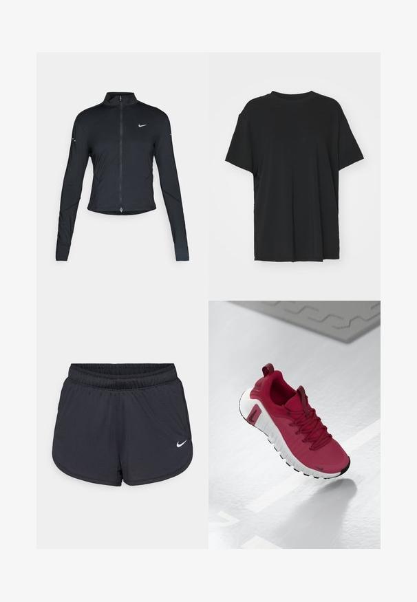 Svart langermet treningsjakke med glidelås foran og hvit Nike swoosh-logo på venstre bryst, designet for en slank passform.; Svart t-skjorte med korte ermer laget av glatt stoff, med rund hals og løs passform. Har sideslisser for ekstra komfort og pusteevne.; Sorte atletiske shorts med elastisk midjebånd, med et sporty design og en hvit Nike-logo på nedre front. Teksturert stoff.; Rød sportsko med en teksturert overdel, snørelukking og en tykk hvit såle. Har en kontrasterende svart tåhette og en logo på siden.