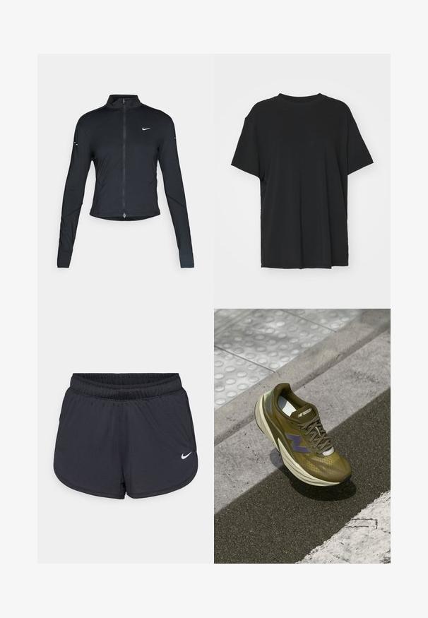 Svart langermet treningsjakke med glidelås foran og hvit Nike swoosh-logo på venstre bryst, designet for en slank passform.; Svart t-skjorte med korte ermer laget av glatt stoff, med rund hals og løs passform. Har sideslisser for ekstra komfort og pusteevne.; Sorte atletiske shorts med elastisk midjebånd, med et sporty design og en hvit Nike-logo på nedre front. Teksturert stoff.; Oliven grønne treningssko med en pustende mesh-overdel, dempende mellomsåle, lilla logo-accent og teksturert gummiyttersåle for grep.