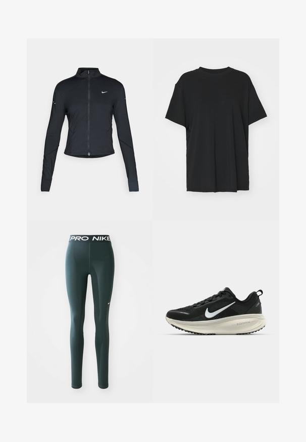 Musta pitkähihainen urheilu takki, jossa on edessä vetoketju ja valkoinen Nike-swoosh-logo vasemmassa rinnassa, suunniteltu slim fit -malliseksi.; Musta lyhythihainen t-paita, joka on valmistettu sileästä kankaasta. Paidan muotoilu on pyöreä kaula-aukko ja väljä istuvuus. Lisämukavuutta ja hengittävyyttä lisäävät sivuhalkiot.; Tummanvihreät legginssit venyvää materiaalia, joissa on leveä vyötärö, jossa on "PRO NIKE" -logo ja pieni valkoinen Nike-swoosh sivulla.; Mustat Nike-juoksukengät, joissa on hengittävä verkko-osa, valkoinen swoosh-logo, teksturoitu yksityiskohtaus ja kermaisen värinen ZoomX-välipohja.