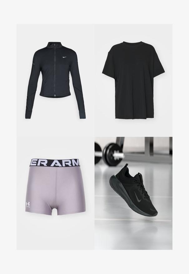 Schwarze, langärmelige Sportjacke mit Frontreißverschluss und weißem Nike-Swoosh-Logo auf der linken Brust, entworfen für eine schlanke Passform.; Schwarzes T-Shirt mit kurzen Ärmeln aus glattem Stoff, mit Rundhalsausschnitt und lockerer Passform. Verfügt über seitliche Schlitze für zusätzlichen Komfort und Atmungsaktivität.; Grau Sportshorts mit einem schwarz-weißen "UNDER ARMOUR"-Bund. Hergestellt aus glattem Stoff, mit kurzem Schnitt und Logo an der Seite.; Schwarzer Sportsneaker mit Nike-Logo, mid-air über dem Boden des Fitnessstudios, mit unscharfem Hantelregal im Hintergrund.
