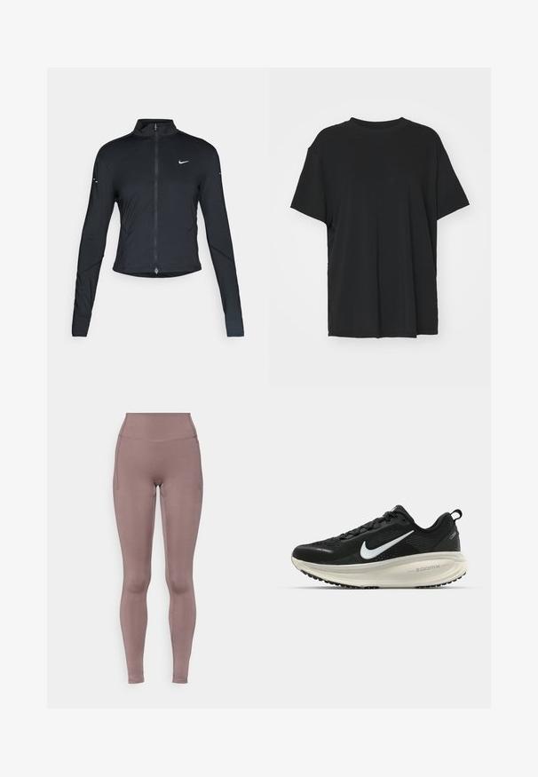 Veste de sport noire à manches longues avec fermeture éclair à l'avant et logo Nike swoosh blanc sur la poitrine gauche, conçue pour un ajustement slim.; T-shirt noir à manches courtes en tissu lisse, avec un col ras du cou et une coupe décontractée. Présente des fentes sur les côtés pour plus de confort et de respirabilité.; Leggings taille haute de couleur mauve douce, fabriqués en tissu extensible avec des coutures plates et des poches latérales. Texture lisse et coupe ajustée.; Baskets de course noir Nike avec tige respirante en mesh, logo swoosh blanc, détails texturés et semelle intermédiaire ZoomX de couleur crème.