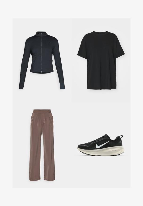 Juoda ilgomis rankovėmis sportinė striukė su priekiniais užtrauktukais ir baltu "Nike" swoosh logotipu kairėje krūtinės pusėje, sukurta siauram pritaikymui.; Juodas trumpas rankovėmis marškinėliai, pagaminti iš lygaus audinio, su apvaliu iškirpimu ir laisvu siluetu. Įrengti šoninių skeltukų patogumui ir oro pralaidumui.; Nike Performance BLISS TROUSER - Kelnės - ironstone clear; Juodas Nike sportinis batelis su kvėpuojančiu tinklu, baltu swoosh logotipu, tekstūruoto dizaino detalėmis ir grietinėlės spalvos ZoomX viduriu.