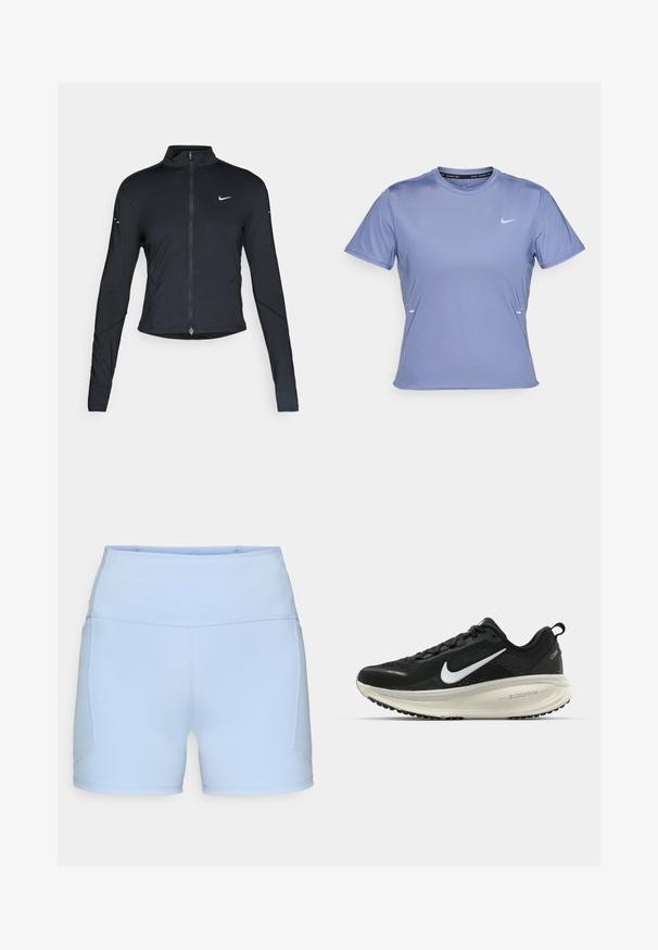 Čierna športová bunda s dlhým rukávom, s predným zipsom a bielym logom Nike swoosh na ľavom prsníku, navrhnutá na tesný strih.; Krátky rukáv športového trička vo svetlofialovej farbe, s okrúhlym výstrihom a malým bielym logom Nike na ľavej hrudi.; Svetlo modré športové šortky vyrobené z elastického materiálu s vysokým pásom a plochými švami. Obsahujú postranné vrecká a majú hladkú textúru.; Čierne bežecké topánky Nike s priedušnou sieťovinou, bielym logom s symbolom swoosh, textúrovanými detailmi a krémovou ZoomX medzipodrážkou.