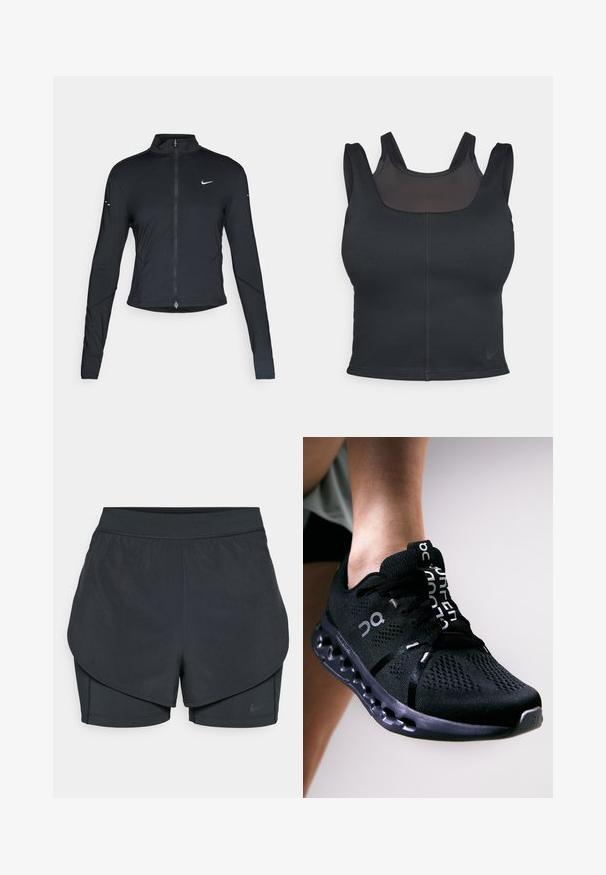 Black long-sleeve athletic jacket with front zipper and white Nike swoosh logo on left chest, designed for a slim fit.; Black sports bra featuring a fitted design, wide straps, and a mesh overlay on the front. Smooth texture and minimal seams. Nike logo on hem.; Black athletic shorts with a layered design, featuring a smooth outer layer and fitted inner shorts. Made of lightweight, stretch fabric.; On CLOUDSURFER - Road running shoes - all black