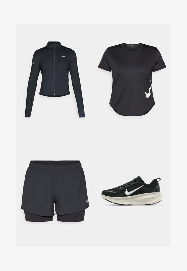 Jaqueta atlética preta de mangas longas com fecho na frente e logótipo do swoosh da Nike branco no peito esquerdo, projetada para um ajuste slim.; T-shirt atlético preto de mangas curtas, com o logótipo swoosh em branco da Nike na parte inferior e uma barra arredondada.; Calções atléticos pretos com forro interior, apresentando uma cintura elástica, textura suave e um logótipo refletor de lado.; Sapatilha de corrida Nike preta com parte superior de malha respirável, logotipo Swoosh branco, detalhes texturizados e uma entressola ZoomX na cor creme.
