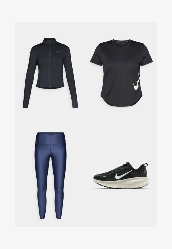 Svart långärmad träningsjacka med framdragkedja och vitt Nike-swoosh-logotyp på vänster bröst, designad för en slim fit.; Svart tränings t-shirt med korta ärmar, som har en vit Nike swoosh-logotyp på den nedre sidan och en rundad fåll.; Marinblåa träningstights gjorda av slätt, elastiskt tyg med hög midja och minimal märkning på underbenet.; Svart Nike löparsko med andningsbart mesh-ovandel, vit swoosh-logotyp, texturerad detaljering och en krämfärgad ZoomX-mellansula.