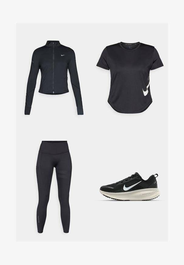 Musta pitkähihainen urheilu takki, jossa on edessä vetoketju ja valkoinen Nike-swoosh-logo vasemmassa rinnassa, suunniteltu slim fit -malliseksi.; Musta urheilupaita, jossa on lyhyet hihat, ja jossa on valkoinen Nike-swoosh-logo alareunassa sekä pyöristetty helma.; Musta treenihousut joustavasta materiaalista, joissa on korkea vyötärö, sivutasku ja teksturoitu vaakasuora raitapainatus yhdellä jalalla.; Mustat Nike-juoksukengät, joissa on hengittävä verkko-osa, valkoinen swoosh-logo, teksturoitu yksityiskohtaus ja kermaisen värinen ZoomX-välipohja.