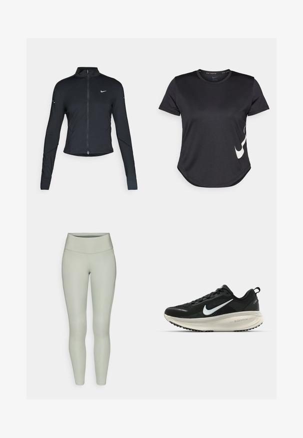 Černá sportovní bunda s dlouhým rukávem, s předním zapínáním na zip a bílým logem Nike swoosh na levé části hrudníku, navržena pro slim fit.; Černé sportovní tričko s krátkým rukávem, se znakem Nike v bílé barvě na spodní straně a zaobleným lemem.; Světlé zelené legíny s vysokým pasem, hladkou texturou a těsným střihem s jemnými bočními švy.; Černá běžecká obuv Nike s prodyšným síťovaným svrškem, bílým logem swoosh, texturovanými detaily a krémovou mezipodešví ZoomX.