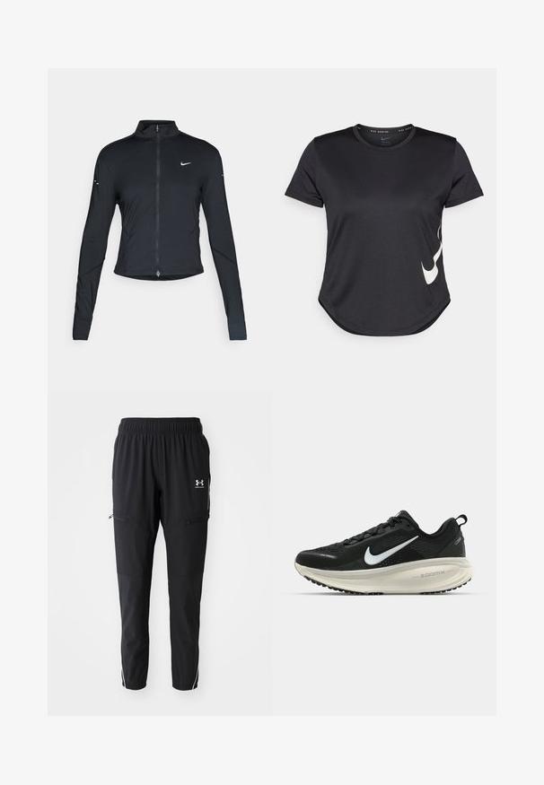 Juoda ilgomis rankovėmis sportinė striukė su priekiniais užtrauktukais ir baltu "Nike" swoosh logotipu kairėje krūtinės pusėje, sukurta siauram pritaikymui.; Juodas sportinis marškinėliai su trumpomis rankovėmis, ant apatinės dalies turintys baltą Nike swoosh logotipą ir apvalų galą.; Juodi sportiniai kelnių su elastinga juosta, šoninėmis kišenėmis su užtrauktukais ir kontrastingomis baltomis juostelėmis šonuose. Lengvas audinys.; Juodas Nike sportinis batelis su kvėpuojančiu tinklu, baltu swoosh logotipu, tekstūruoto dizaino detalėmis ir grietinėlės spalvos ZoomX viduriu.