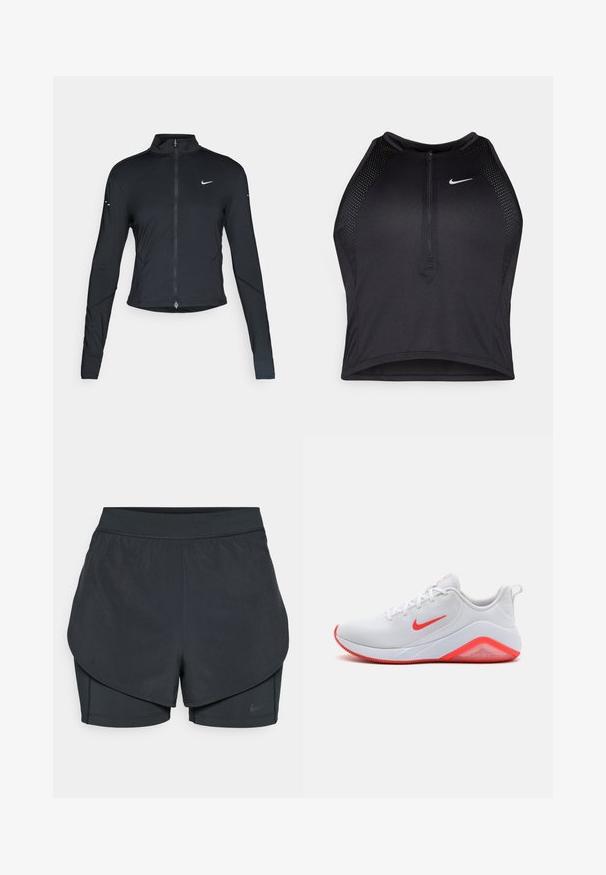 Must have pika, pikkade varrukatega sportlik jakk, ees lukuga ja valge Nike swooshi logo vasakul rinnal, mõeldud kitsaks sobivuseks.; Must negra spordiline crop top, millel on lukk ees, võrgukangast detailid ja vormiv disain. Valmistatud venivast ja hingavast kangast. Nike logo ees.; Mustad musta sportlikud lühikesed püksid kihilise disainiga, millel on sile välimine kiht ja istuvad sisepüksid. Valmistatud kergest, venivast kangast.; Valged spordijalatsid, millel on võrgusilma ülemine osa, punased aktsendid swoosh'il ja tallal ning pehme kand. Omab tekstuuriga talda haardumise jaoks.