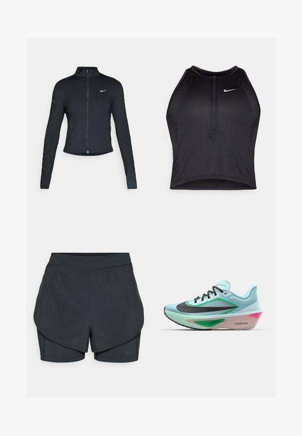 Must have pika, pikkade varrukatega sportlik jakk, ees lukuga ja valge Nike swooshi logo vasakul rinnal, mõeldud kitsaks sobivuseks.; Must negra spordiline crop top, millel on lukk ees, võrgukangast detailid ja vormiv disain. Valmistatud venivast ja hingavast kangast. Nike logo ees.; Mustad musta sportlikud lühikesed püksid kihilise disainiga, millel on sile välimine kiht ja istuvad sisepüksid. Valmistatud kergest, venivast kangast.; Heled sinise jooksujalats, millel on tekstureeritud must võrkmaterjal ülaosa, rohelised aktsendid, roosaka varjundiga keskmine tald ja kummist väljalaskeava. Omab paelu ja brändingut.