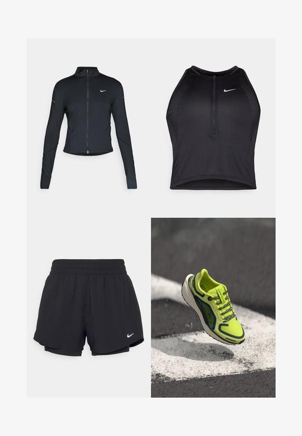 Giacca sportiva nera a maniche lunghe con zip frontale e logo Nike swoosh bianco sul lato sinistro del petto, progettata per una vestibilità slim.; Top corto atletico nero con zip frontale, dettagli in rete e un design aderente. Realizzato in tessuto elasticizzato e traspirante. Logo Nike sul davanti.; Shorts sportivi neri con un elastico arricciato in vita, fodera interna e logo Nike bianco sul lato sinistro in basso. Tessuto liscio e leggero.; Scarpa da corsa gialla neon con tomaia in rete traspirante, accenti scuri a contrasto, lacci testurizzati e un intersuola bianca ammortizzata.