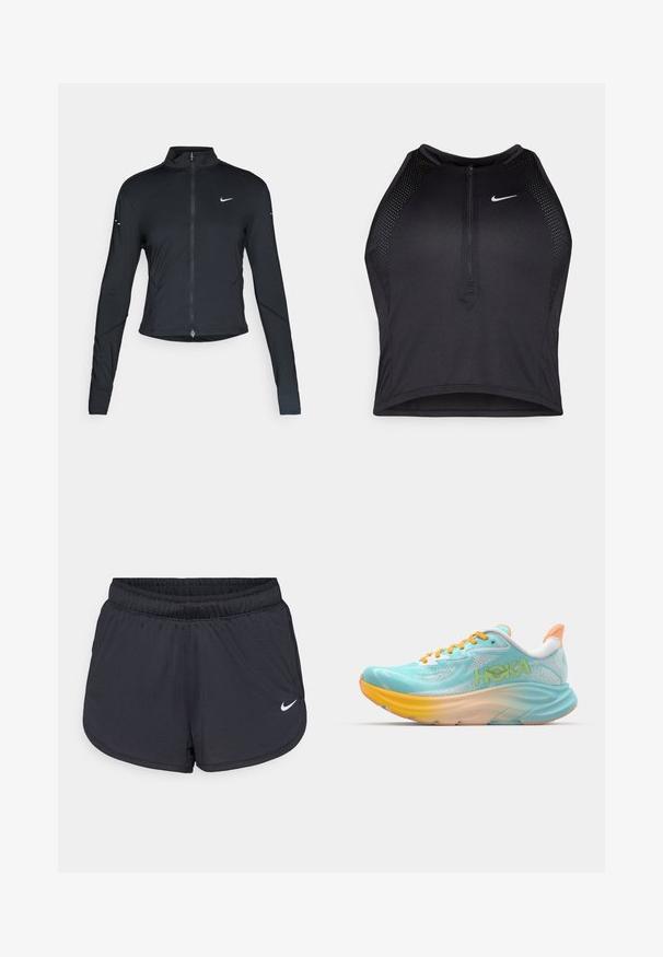Crna dugoslejeva sportska jakna s prednjim patentnim zatvaračem i bijelim Nike swoosh logom na lijevoj strani prsnog dijela, dizajnirana za uski fit.; Crni sportski crop top s patentnim zatvaračem, mrežastim detaljima i prilagođenim dizajnom. Izrađen od rastezljivog, prozračnog materijala. Nike logo na prednjoj strani.; Crne sportske kratke hlače s elastičnim pojasom, sportski dizajn i bijeli Nike logo na donjem prednjem dijelu. Teksturirani materijal.; Svijetloplave tenisice za trčanje s teksturiranim mrežastim gornjištem, narančastim detaljima i višebojnom gradijentnom potplatom. Na strani se nalazi HOKA brendiranje.