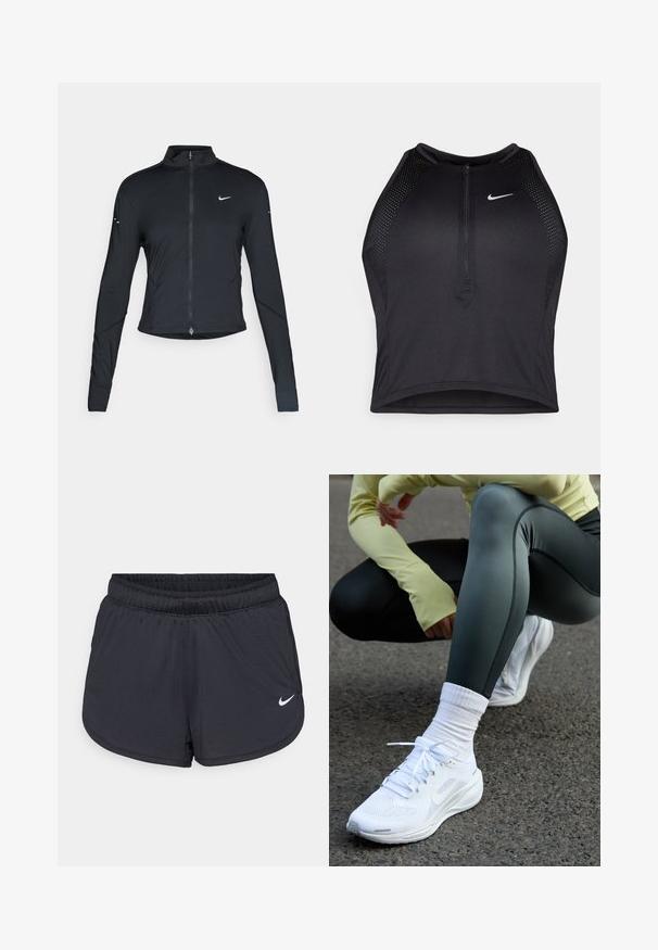 Black long-sleeve athletic jacket with front zipper and white Nike swoosh logo on left chest, designed for a slim fit.; Black athletic crop top with a zip-front, mesh accents, and a fitted design. Made from stretchy, breathable fabric. Nike logo on front.; Black athletic shorts with an elastic waistband, featuring a sporty design and a white Nike logo on the lower front. Textured fabric.; White athletic shoes with mesh upper, flat laces, and cushioned sole, paired with dark green leggings and a light yellow long-sleeve top.