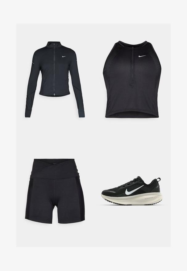 Jachetă sport neagră cu mâneci lungi, fermoar frontal și logo-ul alb al Nike pe pieptul stâng, concepută pentru o croială ajustată.; Top sportiv black, cu croială scurtă, cu fermoar în față, accente din plasă și un design ajustat. Fabricat dintr-un material elastic și respirabil. Logo-ul Nike pe față.; Nike Performance ONE WRAP SHORT - Leggings - black; Pantofii de alergare negri de la Nike, cu parte superioară din plasă respirabilă, logo-ul alb Swoosh, detalii texturate și o talpă intermediară ZoomX de culoare crem.