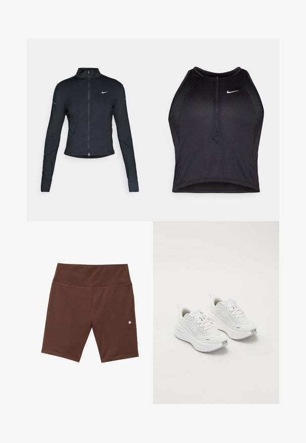 Jachetă sport neagră cu mâneci lungi, fermoar frontal și logo-ul alb al Nike pe pieptul stâng, concepută pentru o croială ajustată.; Top sportiv black, cu croială scurtă, cu fermoar în față, accente din plasă și un design ajustat. Fabricat dintr-un material elastic și respirabil. Logo-ul Nike pe față.; Pantaloni scurți atletici maronii cu talie înaltă, cusături plate și un mic logo alb în partea stângă jos. Realizați dintr-un material elastic, care absoarbe umezeala.; Pantofi sport albi cu un superior din plasă texturată, talpă amortizată și accente subtile de gri. Include branding și un buclă la călcâi pentru a fi ușor de încălțat.