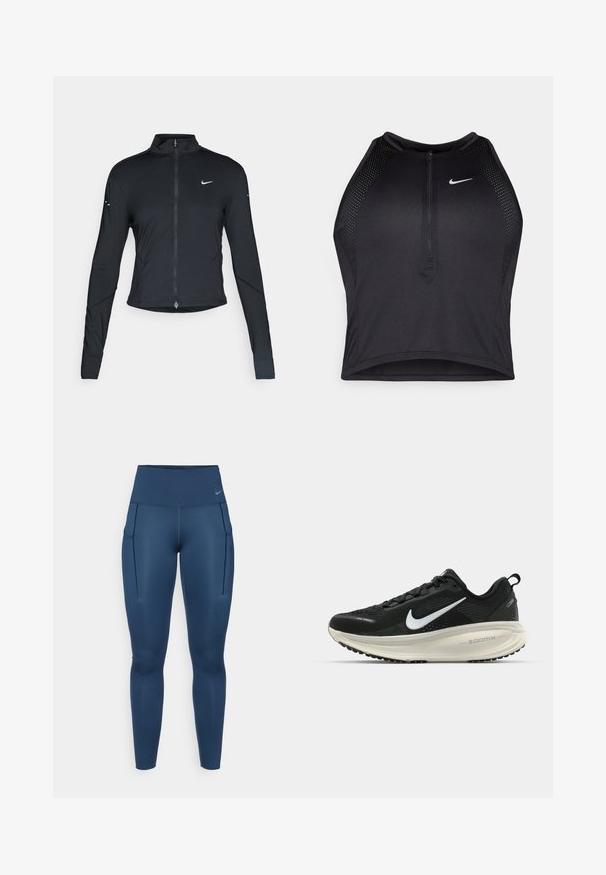 Črna dolgoprogaška jakna s dolgimi rokavi, z zadrgo spredaj in belim logotipom Nike na levem prsnem delu, zasnovana za ohlapno prileganje.; Črn atletski kratki top z zadrgo spredaj, mrežastimi dodatki in prilegajočim dizajnom. Narejen iz raztegljivega, zračnega materiala. Logotip Nike spredaj.; Nave modre športne leggins hlače z visokim pasom, opremljene z dvema stranskima žepekoma in gladkim, raztegljivim materialom za udobje in gibljivost.; Črne Nike tekaške čevlje z zračno mrežno zgornjim delom, belim logotipom Swoosh, teksturiranimi detajli in smetanasto barvnim srednjim delom ZoomX.