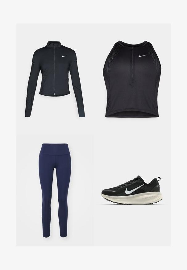 Czarna, długorękawowa, sportowa kurtka z zamkiem błyskawicznym z przodu i białym logo Nike swoosh na lewej piersi, zaprojektowana z myślą o szczupłym kroju.; Czarny sportowy crop top z zamkiem z przodu, z siateczkowymi akcentami i dopasowanym krojem. Wykonany z elastycznego, oddychającego materiału. Logo Nike z przodu.; Granatowe legginsy wykonane z rozciągliwego materiału, z wysokim stanem i gładkim, bezszwowym wzornictwem, bez widocznych wzorów czy elementów metalowych.; Czarna biegowa półbut z oddychającej siateczki, białym logo swoosh, teksturowanymi detalami oraz kremową podeszwą środkową ZoomX.