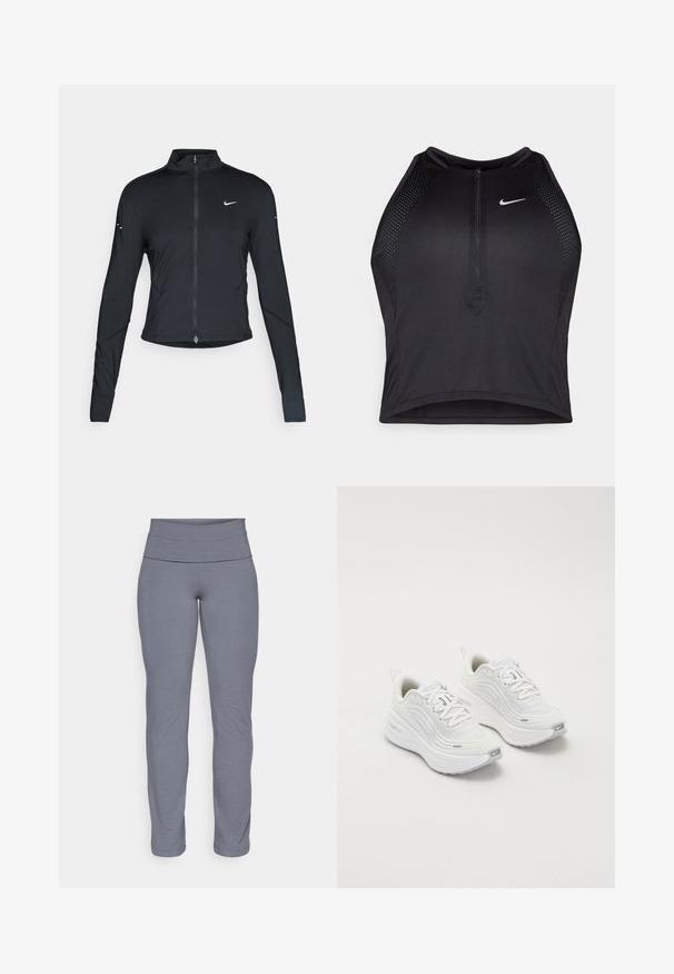 Jaqueta atlética preta de mangas longas com fecho na frente e logótipo do swoosh da Nike branco no peito esquerdo, projetada para um ajuste slim.; Top cropped atlético preto com fecho à frente, acentos em malha e um design ajustado. Feito de tecido elástico e respirável. Logótipo da Nike na frente.; Leggings atléticos cinzentos com uma cintura larga e lisa e um design de perna ajustada e afunilada. Feitos de um tecido suave e elástico.; Tênis atléticos brancos com um cabedal de malha texturizada, sola acolchoada e discretos detalhes em cinza. Inclui logótipo e aba de calcanhar em laço para facilitar o calçar.