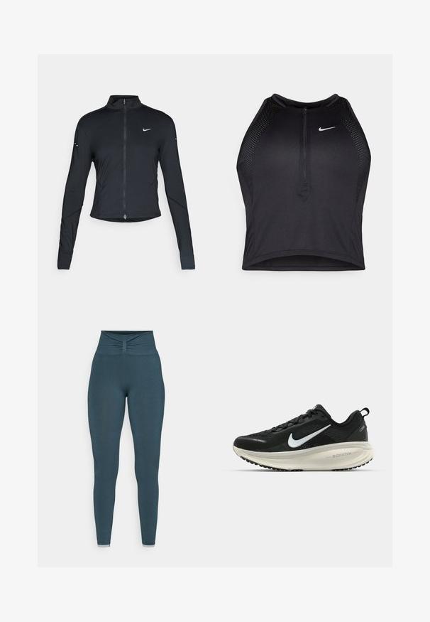 Čierna športová bunda s dlhým rukávom, s predným zipsom a bielym logom Nike swoosh na ľavom prsníku, navrhnutá na tesný strih.; Čierny športový crop top so zipsom vpredu, sieťovými prvkami a priliehavým strihom. Vyrobený z pružného, priedušného materiálu. Logo Nike na prednej strane.; Legíny s vysokým pásom v tmavočiernej farbe, s riasením na páse a hladkou textúrou pozdĺž nohy. Bez vzorov alebo akcentov.; Čierne bežecké topánky Nike s priedušnou sieťovinou, bielym logom s symbolom swoosh, textúrovanými detailmi a krémovou ZoomX medzipodrážkou.