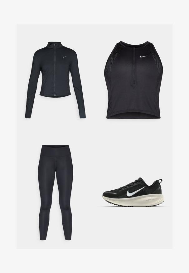 Zwarte lange mouwen sportjack met rits aan de voorkant en wit Nike swoosh-logo op de linkerborst, ontworpen voor een slank figuur.; Zwarte atletische crop top met een rits aan de voorkant, mesh accenten en een aansluitend ontwerp. Gemaakt van rekbare, ademende stof. Nike-logo aan de voorkant.; Zwarte leggings van glad, rekbaar stof. Hoge taille zonder zichtbare patronen of accenten. Sluiten nauw aan van taille tot enkels.; Zwarte Nike hardloopschoen met ademend mesh bovenwerk, witte swoosh-logo, gestructureerde details en een crèmekleurige ZoomX middenzool.