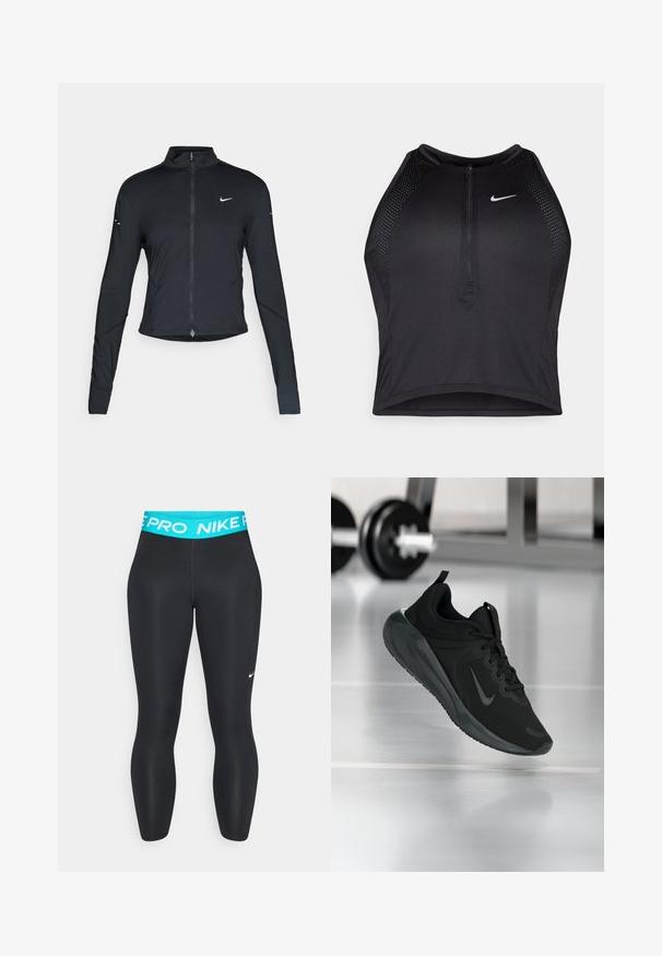 Black long-sleeve athletic jacket with front zipper and white Nike swoosh logo on left chest, designed for a slim fit.; Black athletic crop top with a zip-front, mesh accents, and a fitted design. Made from stretchy, breathable fabric. Nike logo on front.; Black athletic leggings with a turquoise waistband labeled "NIKE PRO." They have a smooth texture and a fitted silhouette.; Black sports sneaker with Nike logo, shown mid-air on gym floor, with blurred dumbbell rack in background.