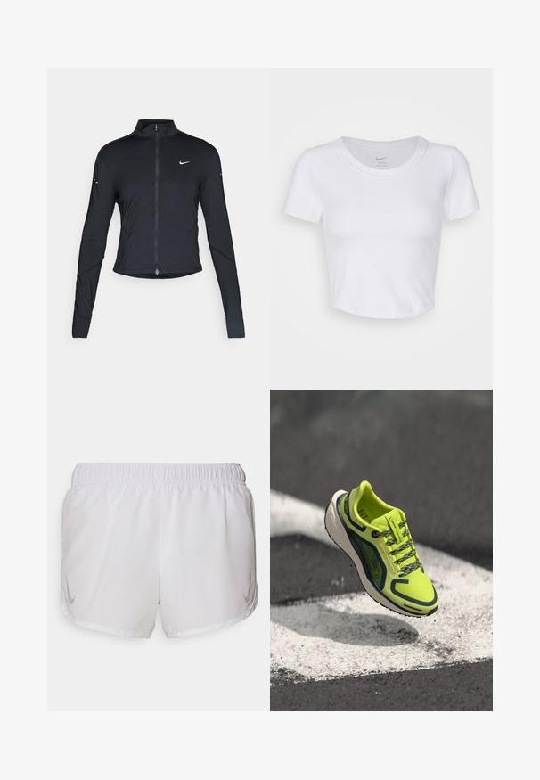 Giacca sportiva nera a maniche lunghe con zip frontale e logo Nike swoosh bianco sul lato sinistro del petto, progettata per una vestibilità slim.; Crop top bianco a maniche corte realizzato in materiale sintetico liscio. Presenta un collo rotondo e il logo Nike all'interno del colletto.; Nike Performance FAST TEMPO SHORT - Pantaloncini sportivi - white/silver; Scarpa da corsa gialla neon con tomaia in rete traspirante, accenti scuri a contrasto, lacci testurizzati e un intersuola bianca ammortizzata.