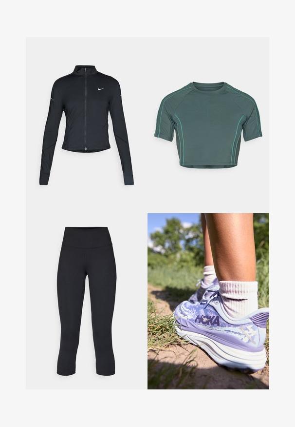 Černá sportovní bunda s dlouhým rukávem, s předním zapínáním na zip a bílým logem Nike swoosh na levé části hrudníku, navržena pro slim fit.; Krátký top vyrobený z tmavě zelené látky, který má krátké rukávy, kontrastní světle zelené švy a kulatý výstřih s přiléhavým střihem.; Černé zkrácené legíny vyrobené z pružné látky, s vysokým pasem a hladkou texturou, bez viditelných vzorů nebo kovových prvků.; HOKA STINSON 7 - Běžecké boty do terénu - cosmic sky/meteor
