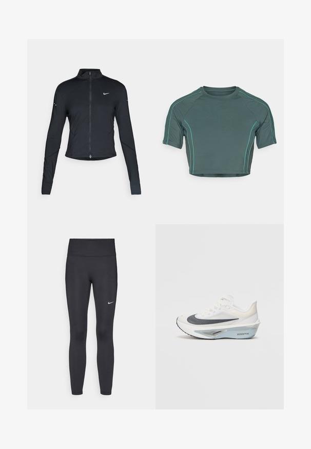 Jaqueta atlética preta de mangas longas com fecho na frente e logótipo do swoosh da Nike branco no peito esquerdo, projetada para um ajuste slim.; Top curto feito de tecido verde escuro, com mangas curtas, costura em verde claro em contraste e com um decote redondo em design ajustado.; Leggings pretos feitos de tecido elástico, com uma cintura alta e um logo branco da Nike na coxa esquerda. Textura suave, design ajustado ao corpo.; Sapatilha de corrida branca com um upper em malha respirável, detalhes azuis e um design distinto na entressola com um sistema de amortecimento visível.