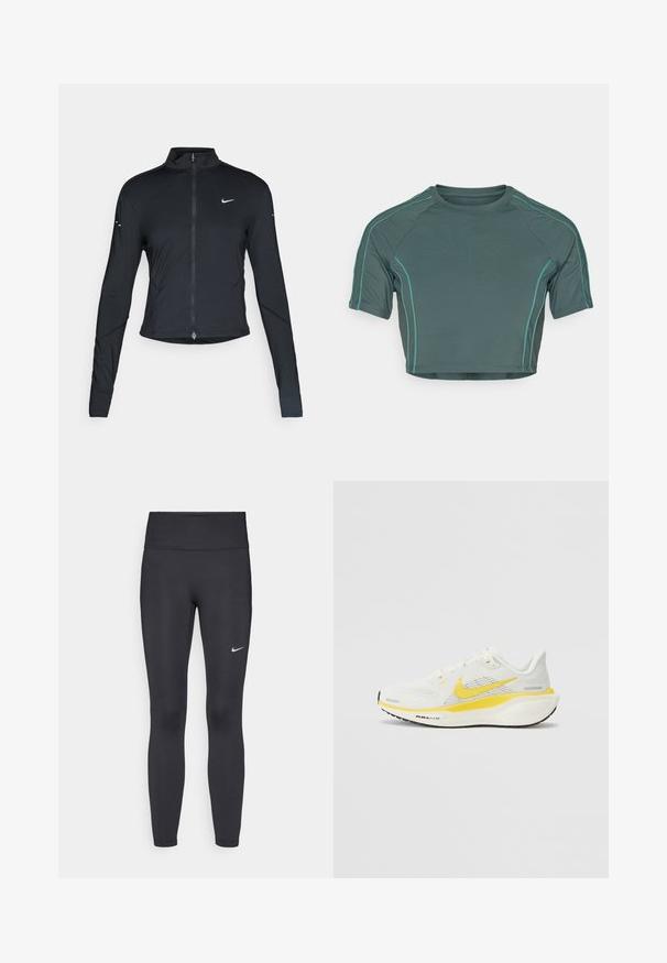 Must have pika, pikkade varrukatega sportlik jakk, ees lukuga ja valge Nike swooshi logo vasakul rinnal, mõeldud kitsaks sobivuseks.; Tume rohelisest kangast lühikeste varrukatega crop top, millel on kontrastsed heledamad rohelised õmblused ja ümar kaelus, sobiva kujundusega.; Mustad mustadest leggingid, mis on valmistatud venivast kangast, kõrge vöökoha ja valge Nike logo abil vasakul reiel. Sile tekstuur, keha järgiv disain.; Nike jooksujalats valgest võrkkangast kollaste aktsentidega. Omab pehmeid tallaid ja hingavat pealmist disaini. Tekstuuriga must kummist välistald.
