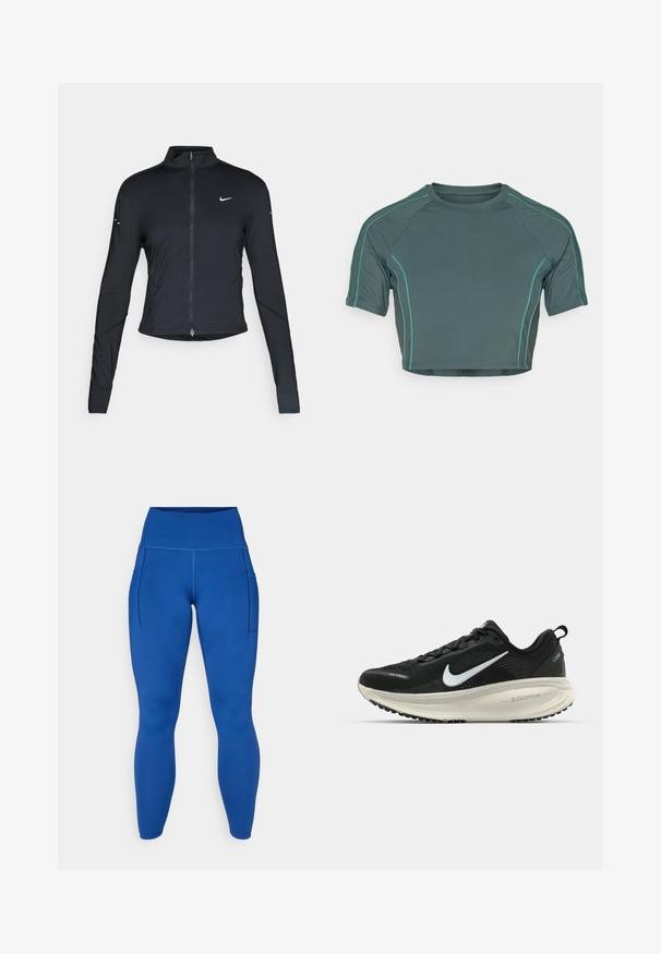 Fekete, hosszú ujjú sportdzseki elején zippzárral és fehér Nike swoosh logóval a bal mellen, karcsú fazonra tervezve.; Sötétzöld anyagból készült crop top, rövid ujjakkal, világoszöld kontrasztvarrással és kerek nyakkivágással, testhezálló kialakítással.; Magas derekú kék leggings sima, rugalmas anyagból, oldalzsebekkel és lapos varrásokkal a nagyobb kényelem és stílus érdekében.; Fekete Nike futócipő légáteresztő hálós felsőrésszel, fehér Swoosh logóval, textúrázott részletekkel és krém színű ZoomX középtalppal.