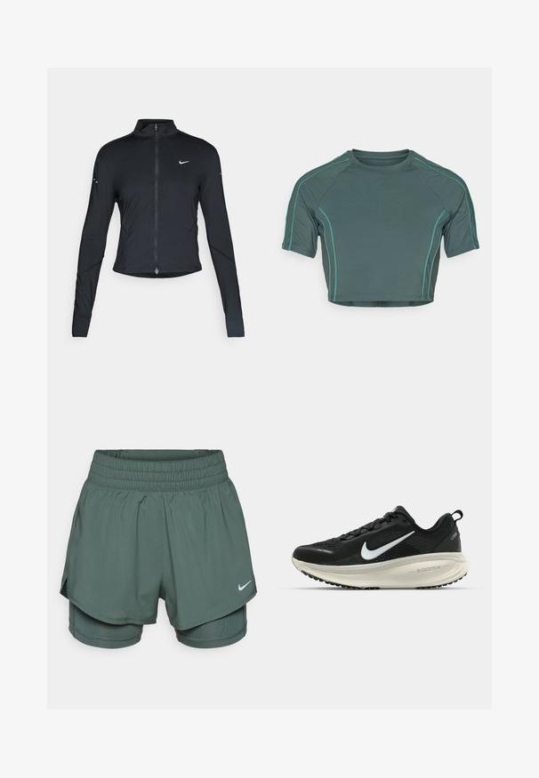 Svart langermet treningsjakke med glidelås foran og hvit Nike swoosh-logo på venstre bryst, designet for en slank passform.; Crop top laget av mørkegrønt stoff med korte ermer, kontrasterende lysgrønn søm, og rund hals med en tettsittende design.; Grønne atletiske shorts med bred elastisk midjebånd, lagdelt design og indre kompresjonsshortser. Har en liten hvit Nike-logo.; Svart Nike løpesko med pustende mesh-overdel, hvit swoosh-logo, teksturert detaljer og en kremfarget ZoomX mellomsåle.