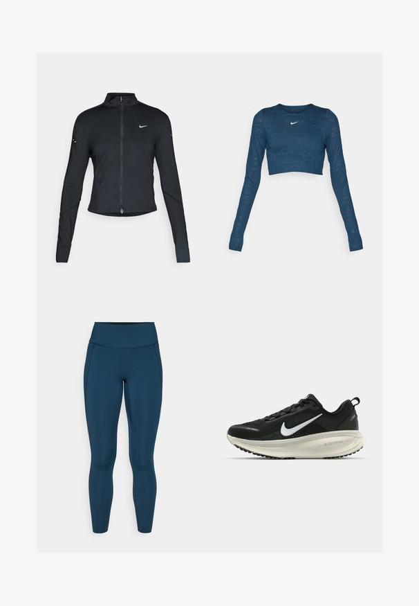 Jaqueta atlética preta de mangas longas com fecho na frente e logótipo do swoosh da Nike branco no peito esquerdo, projetada para um ajuste slim.; Top cropped azul de mangas longas com decote redondo, apresentando um logo Nike em tonalidade e um padrão repetido de texto em relevo claro.; Leggings azul marinho com uma cintura alta, feitos de material elástico, apresentando costuras planas e um corte slim e afunilado, sem bolsos visíveis.; Sapatilha de corrida Nike preta com parte superior de malha respirável, logotipo Swoosh branco, detalhes texturizados e uma entressola ZoomX na cor creme.