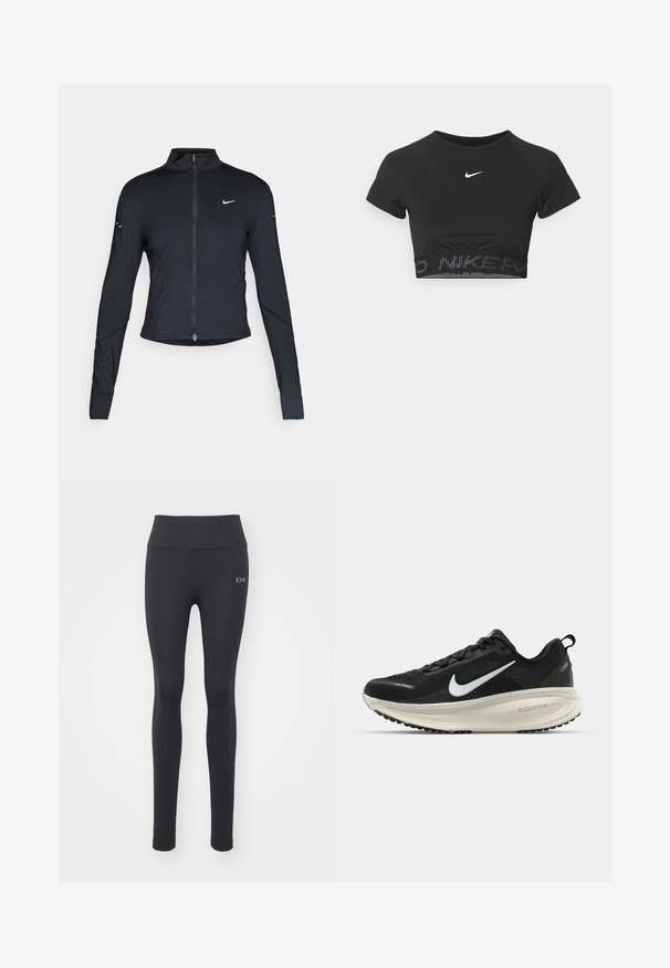Svart langermet treningsjakke med glidelås foran og hvit Nike swoosh-logo på venstre bryst, designet for en slank passform.; Svart kortermet treningsbluse med hvit Nike-logo og et teksturert bånd med "NIKE" i et mønster på kanten.; Svarte treningsleggings med glatt tekstur, høy midje og sømdetaljer. Har en liten logo på forsiden.; Svart Nike løpesko med pustende mesh-overdel, hvit swoosh-logo, teksturert detaljer og en kremfarget ZoomX mellomsåle.