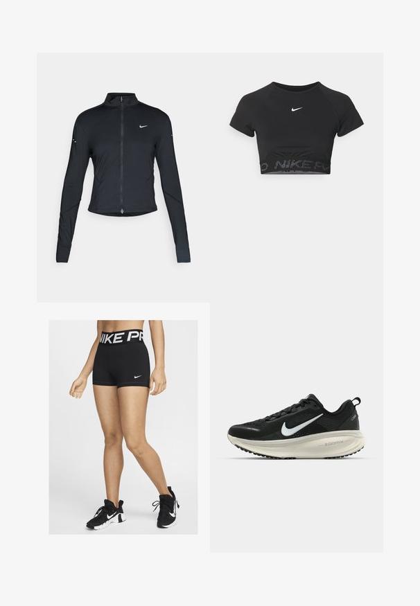 Black long-sleeve athletic jacket with front zipper and white Nike swoosh logo on left chest, designed for a slim fit.; Black cropped sports top with short sleeves, featuring a white Nike logo and a textured band with "NIKE" in a pattern at the hem.; Black athletic shorts with a wide waistband featuring "NIKE PRO" in white lettering. A small white Nike swoosh logo is visible on the side.; Black Nike running shoe with breathable mesh upper, white swoosh logo, textured detailing, and a cream-colored ZoomX midsole.