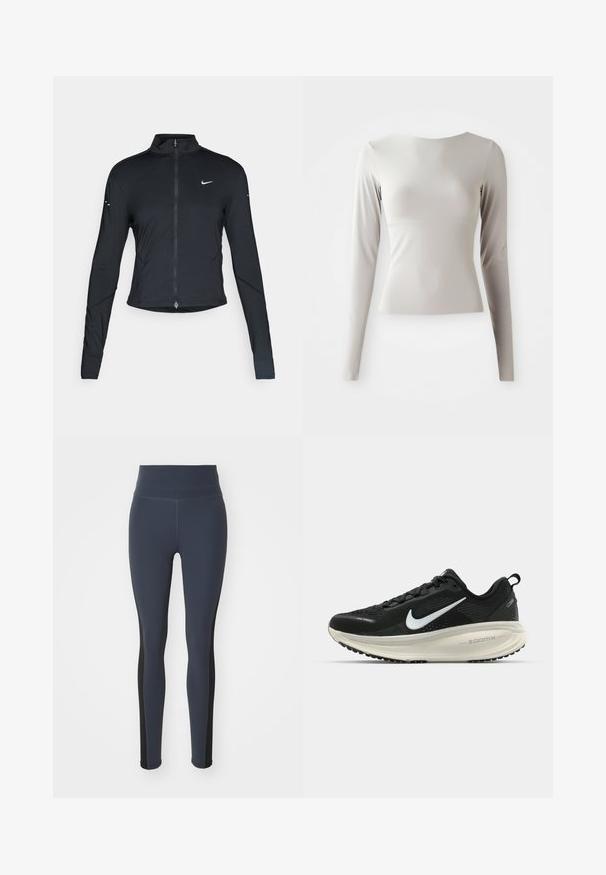 Musta pitkähihainen urheilu takki, jossa on edessä vetoketju ja valkoinen Nike-swoosh-logo vasemmassa rinnassa, suunniteltu slim fit -malliseksi.; Vaaleanharmaa pitkähihaisuus paita, joka on valmistettu kiiltävästä ja sileästä kankaasta. Pyöreä kaulus ja tiivis leikkaus. Helma on hieman levenevä alhaalta.; Navy siniset leggingsit, jotka on valmistettu venyvästä kankaasta ja joissa on mustat sivupaneelit ja korkea vyötärö. Sujuva pinta ja tiukka malli.; Mustat Nike-juoksukengät, joissa on hengittävä verkko-osa, valkoinen swoosh-logo, teksturoitu yksityiskohtaus ja kermaisen värinen ZoomX-välipohja.