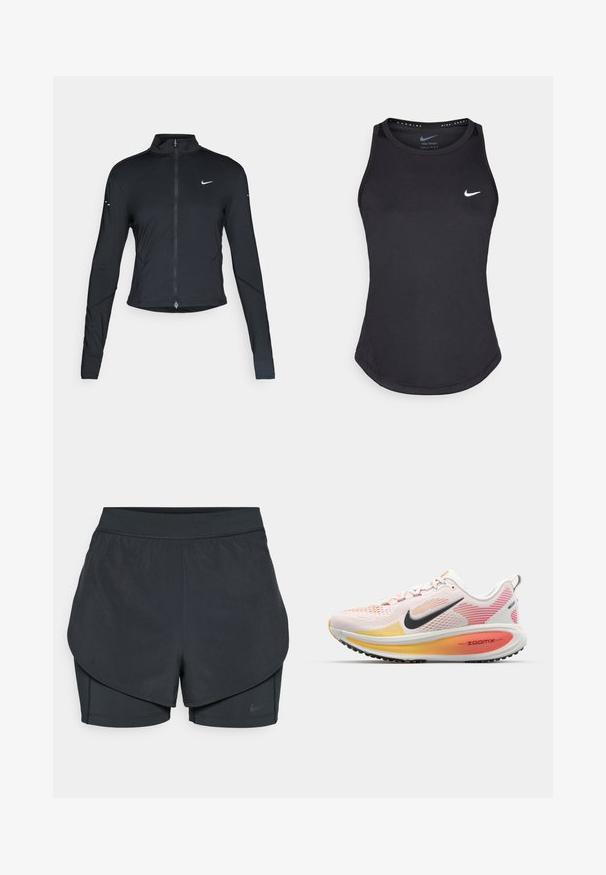 Černá sportovní bunda s dlouhým rukávem, s předním zapínáním na zip a bílým logem Nike swoosh na levé části hrudníku, navržena pro slim fit.; Černý sportovní tank top vyrobený z materiálu, který odvádí vlhkost. Má kulatý výstřih, slim fit střih a bílé logo Nike na hrudi.; Černé sportovní šortky se vrstveným designem, s hladkým vnějším pláštěm a přiléhavými vnitřními šortkami. Vyrobené z lehké, pružné tkaniny.; Nike Performance VOMERO 18 - Silniční běžecké boty - white/black/bright crimson/laser orange/light crimson
