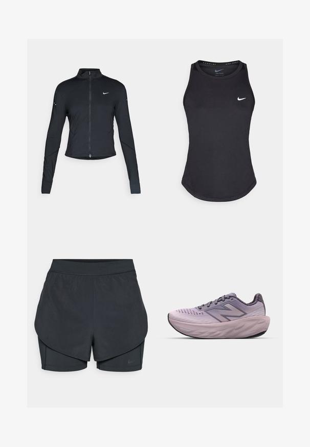 Musta pitkähihainen urheilu takki, jossa on edessä vetoketju ja valkoinen Nike-swoosh-logo vasemmassa rinnassa, suunniteltu slim fit -malliseksi.; Mustapohjainen urheilutoppi, joka on valmistettu kosteutta siirtävästä materiaalista. Siinä on pyöreä kaula-aukko, slim fit -muotoilu ja valkoinen Nike-logo rinnassa.; Mustat urheilushortsit kerroksellisella designilla, joissa on sileä ulkopinta ja tiukasti istuvat sisäshortsit. Valmistettu kevyestä, joustavasta kankaasta.; Violetti juoksukenkä, jossa on hengittävä tekstiiliyhdistelmä yläosa, pehmustettu kaulus, paksu vaimennusvälipohja ja teksturoitu kumipohja.