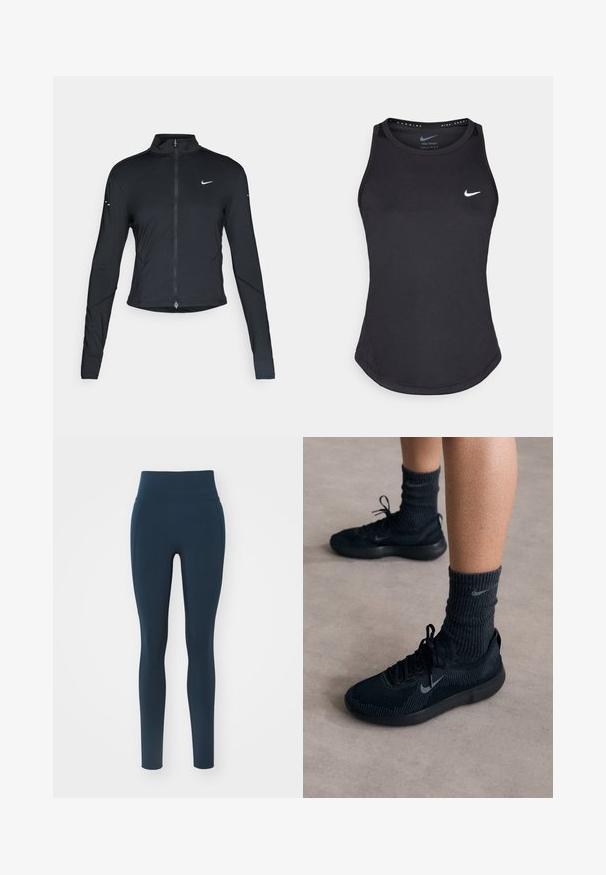Črna dolgoprogaška jakna s dolgimi rokavi, z zadrgo spredaj in belim logotipom Nike na levem prsnem delu, zasnovana za ohlapno prileganje.; Črni športni brezrokavnik iz materiala, ki odvaja vlago. Ima okroglo izrezovanje, ozko prileganje in bel Nike logotip na prsih.; Temno modre visokotlačne legice, izdelane iz raztegljive tkanine; odlikujejo jih gladka tekstura in prilegajoč dizajn. Brez vidnih vzorcev ali kovinskih delov.; Črne Nike teniske z strukturiranim pletenim zgornjim delom, s sivim swoosh logotipom, v kombinaciji s temnimi rebrastimi nogavicami. Udoben gumijast podplat.