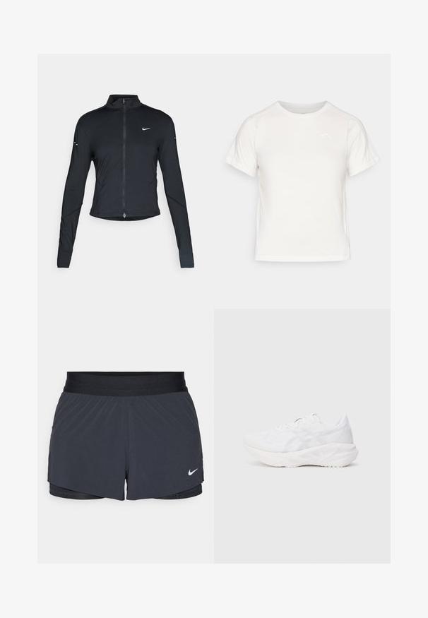 Czarna, długorękawowa, sportowa kurtka z zamkiem błyskawicznym z przodu i białym logo Nike swoosh na lewej piersi, zaprojektowana z myślą o szczupłym kroju.; Lekka biała koszulka z krótkim rękawem, okrągłym dekoltem i małym logo w lewym górnym rogu. Gładki materiał o subtelnej połysku.; Czarne szorty sportowe z elastycznym pasem, o warstwowej konstrukcji i małym białym logo Nike na dolnym lewym boku. Wykonane z lekkiego materiału.; Białe buty sportowe z przewiewną siateczką i wyściełaną podeszwą, z fakturowanym wzorem i minimalistycznymi akcentami.