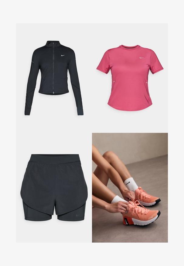 Melnā garo piedurkņu sporta jaka ar priekšējo rāvējslēdzēju un baltu Nike swoosh logo uz kreisā krūts, paredzēta ciešai piegriezei.; Īsām piedurknēm sporta krekls spilgti rozā audumā ar apaļu kaklu, ar mazu balto logotipu uz krūts un minimālu dizainu.; Melnas sporta šortus ar slāņotu dizainu, kas ietver gludu ārējo slāni un pieguļošus iekšējos šortus. Izgatavoti no viegla, elastīga auduma.; Vieglas rozā sporta kurpes ar teksturētu audumu, izteiksmīgām auklām un gumijas zolem. Pabeigtas ar kontrastējošu melnbaltu logotipa detaļu.