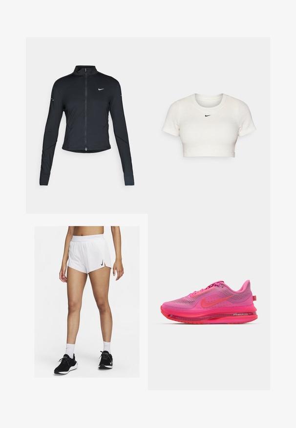 Crna dugoslejeva sportska jakna s prednjim patentnim zatvaračem i bijelim Nike swoosh logom na lijevoj strani prsnog dijela, dizajnirana za uski fit.; Skraćeni bijeli T-shirt od rebrastog materijala s kratkim rukavima i okruglim izrezom; sadrži mali crni Nike logo na prsima.; Bijele sportske kratke hlače s rebrastim pojasom, bočnim prorezima i crnim logotipom Nike. Nošene s crnim tenisicama i bijelim čarapama do sredine lista.; Nike trkačka cipela s mrežastim gornjim djelom u živopisnoj ružičastoj boji s gradijentnim detaljima, vidljivom zračnom jedinicom i teksturiranom potplatom za prianjanje.