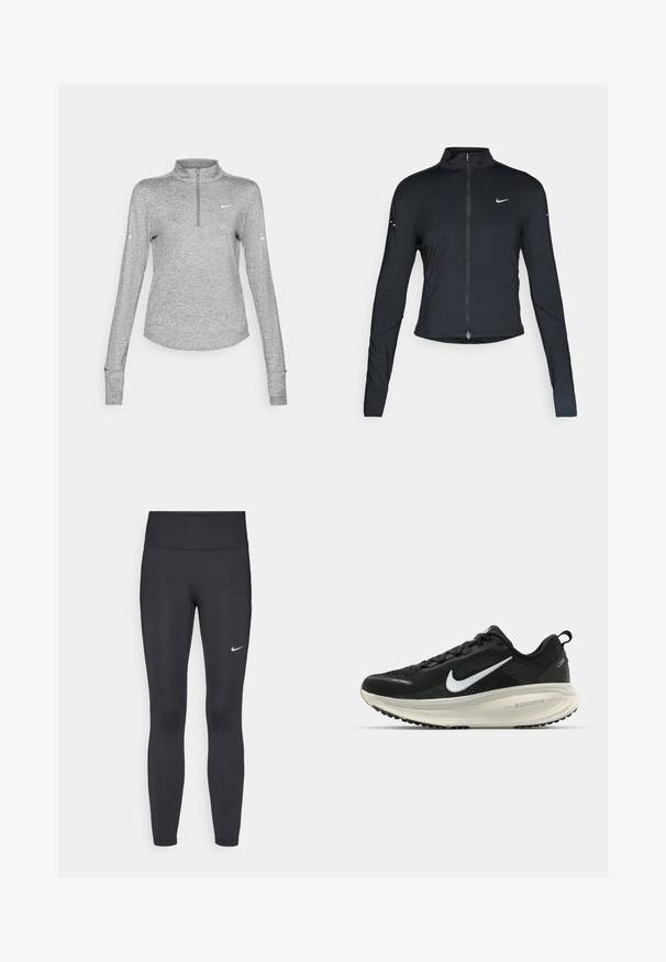 Czarna, długorękawowa, sportowa kurtka z zamkiem błyskawicznym z przodu i białym logo Nike swoosh na lewej piersi, zaprojektowana z myślą o szczupłym kroju.; Jasnoszara sportowa koszulka z długimi rękawami i kołnierzem z półzamkiem, wykonana z oddychającego materiału, z małym logo na lewej piersi.; Czarne legginsy z elastycznego materiału, z wysokim pasem i białym logo Nike na lewym udzie. Gładka tekstura, dopasowany krój.; Czarna biegowa półbut z oddychającej siateczki, białym logo swoosh, teksturowanymi detalami oraz kremową podeszwą środkową ZoomX.