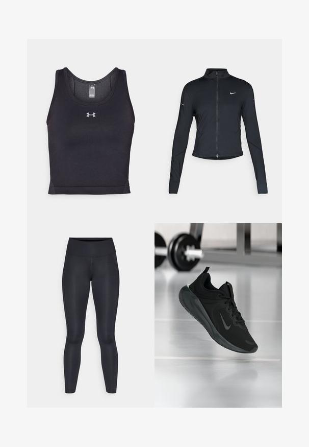 Must have pika, pikkade varrukatega sportlik jakk, ees lukuga ja valge Nike swooshi logo vasakul rinnal, mõeldud kitsaks sobivuseks.; Must värviline sporditop, mis on valmistatud elastsetest kangastest ja millel on sile tekstuur. Omab ümarat kaela ja väikest hõbedast logo keskel ees.; Mustad mustad, mis on valmistatud siledast ja venivast kangast. Kõrge vöökoht, ilma nähtavate mustrite või aksessuaarideta. Sobivad tihedalt puusadelt kuni pahkluuni.; Mustad mustang spordijalatsid Nike logo'ga, õhus spordisaali põrandal, häguste hantlite riiulitega taustal.